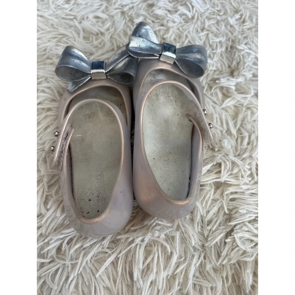 Mini Melissa Girls Jelly Shoes Silver Bow Mary Jane Flats Size 9‎ USA